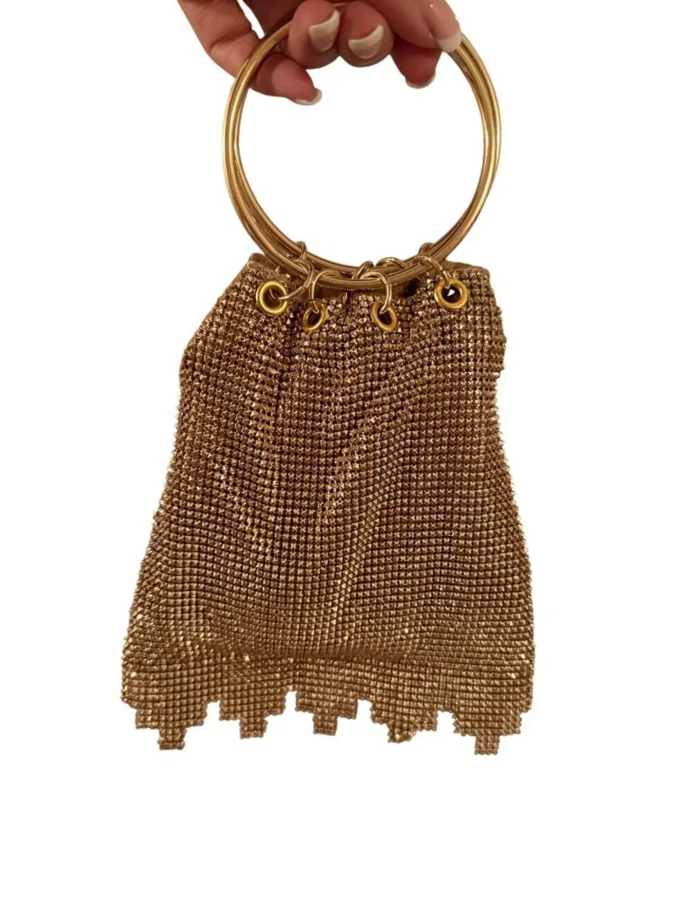 Whiting & Davis Womens Gold Mesh Evening Bag Ring Handles Ruffled Fringe Vintage